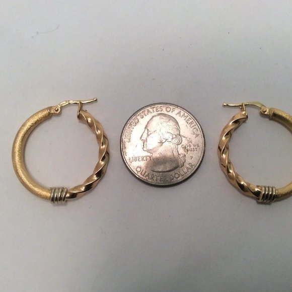 18K YELLOW Solid Real GOLD POLISHED PLAIN TWISTED HOOPS HOOP EARRINGS 1'' - Picture 3 of 8